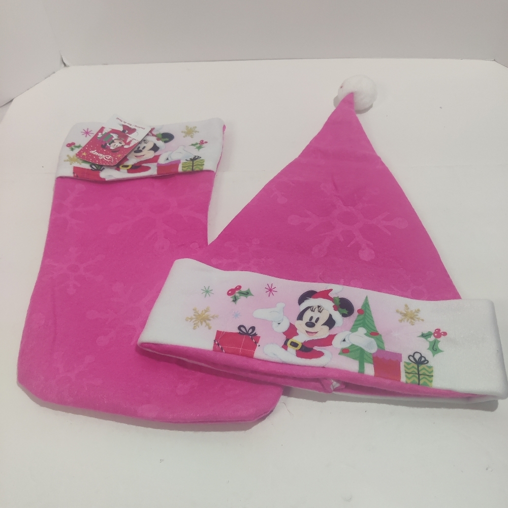 Minnie Mouse Christmas Stocking And Hat Set NWT